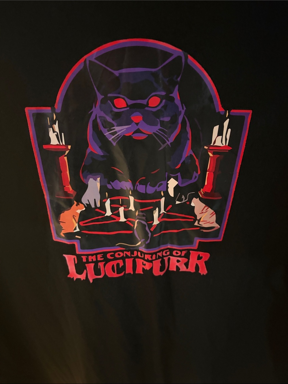 Gildan Black Tee with Purple and Red Lucipurrr Cat Graphic